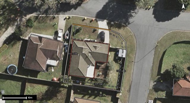 Aerial of 1 Coralfern Court, Morayfield QLD 4506 with the block outlined