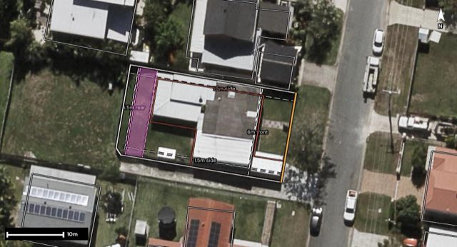 Aerial of 1 Duffield Road, Margate QLD 4019 with the block outlined