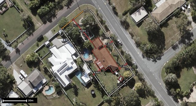 Aerial of 1 Flamingo Street, Little Mountain QLD 4551 with the block outlined