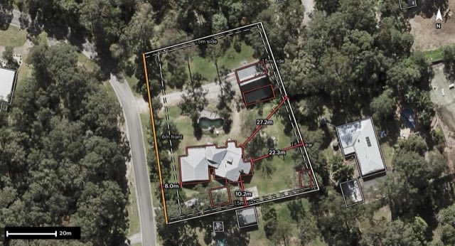 Aerial of 1 Forest Oak Court, Tanawha QLD 4556 with the block outlined