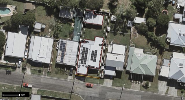 Aerial of 10 Beth Street, North Booval QLD 4304 with the block outlined
