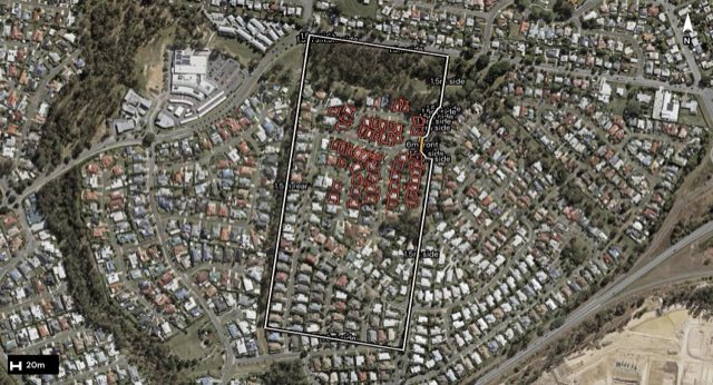 Aerial of 101 Willowtree Drive, Flinders View QLD 4305 with the block outlined