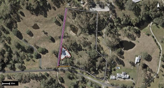 Aerial of 102 Oatlands Court, Wights Mountain QLD 4520 with the block outlined