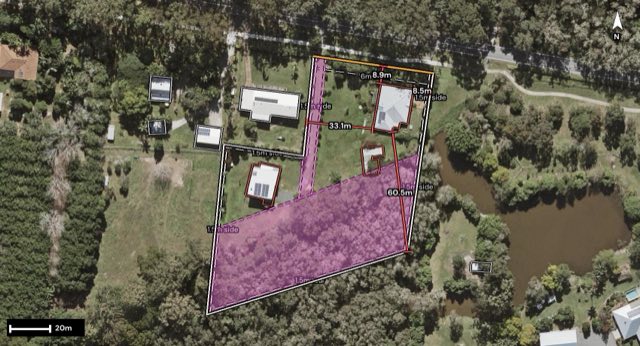 Aerial of 103 Fullertons Road, Glass House Mountains QLD 4518 with the block outlined