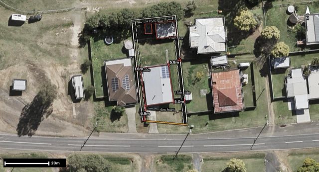Aerial of 109 Drayton Street, Laidley QLD 4341 with the block outlined