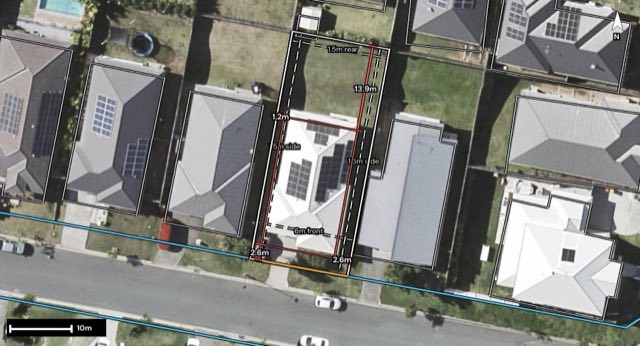 Aerial of 11 Whimbrel Avenue, Upper Coomera QLD 4209 with the block outlined