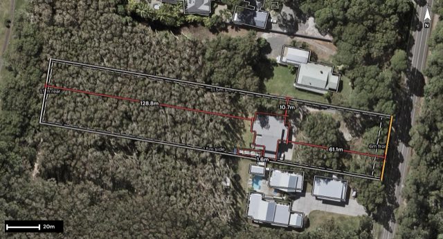 Aerial of 118 Nojoor Road, Mudjimba QLD 4564 with the block outlined