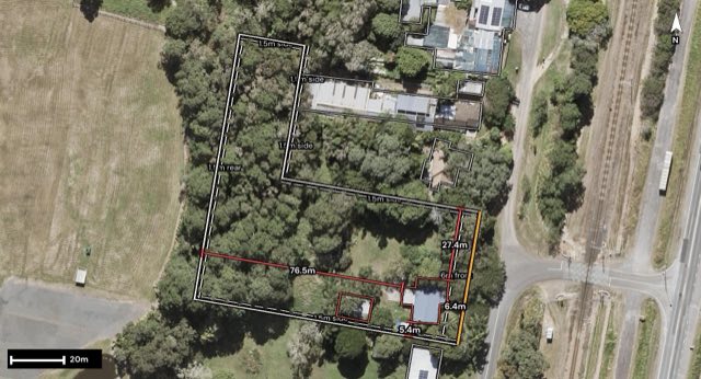 Aerial of 12 Barrs Road, Glass House Mountains QLD 4518 with the lot and setbacks drawn on