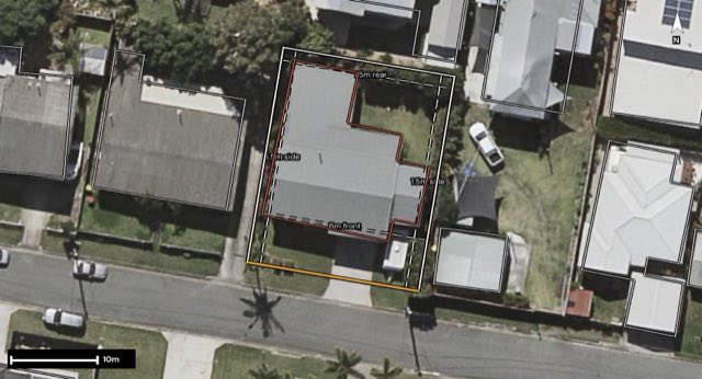 Aerial of 12 Langdon Avenue, Margate QLD 4019 with the block outlined