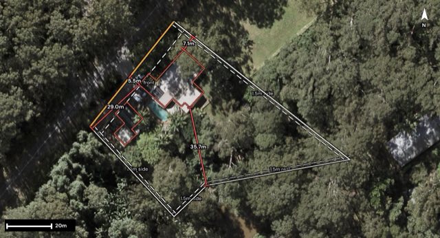 Aerial of 124 Storrs Road, Peachester QLD 4519 with the block outlined