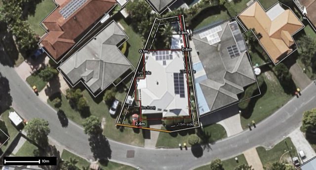 Aerial of 13 Mimosa Crescent, Currimundi QLD 4551 with the block outlined