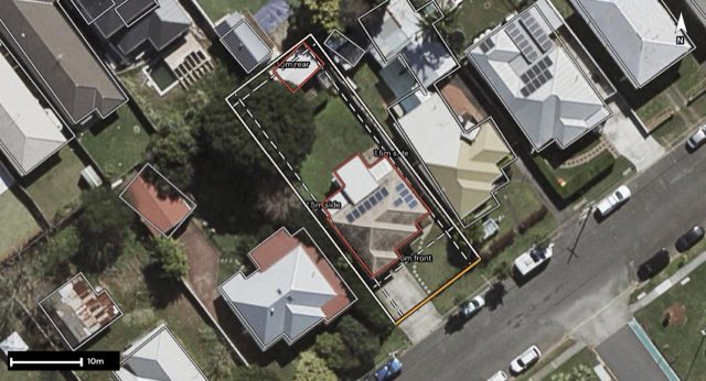 Aerial of 14 Harold Street, Virginia QLD 4014 with the block outlined