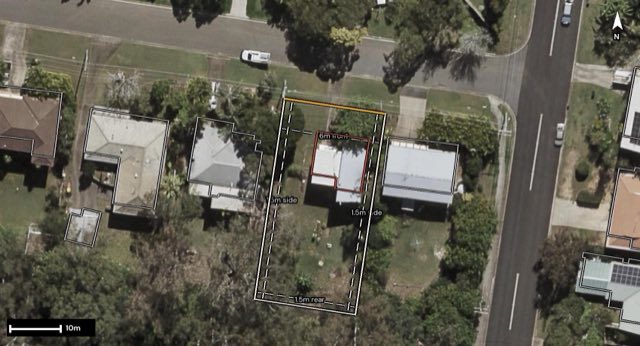 Aerial of 14 Oak Street, Bundamba QLD 4304 with the block outlined