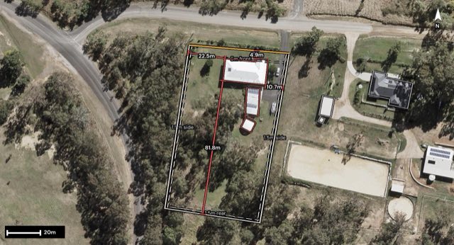 Aerial of 14 Old Grandchester Road, Laidley QLD 4341 with the block outlined