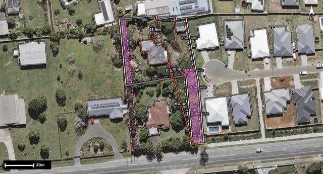 Aerial of 140 Coonowrin Road, Glass House Mountains QLD 4518 with the block outlined