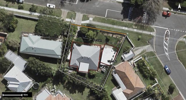 Aerial of 149 D'arcy Road, Seven Hills QLD 4170 with the block outlined
