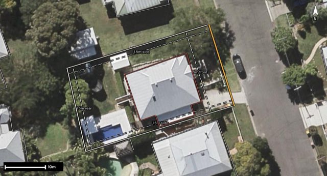 Aerial of 15 Anzac Avenue, Sandgate QLD 4017 with the block outlined