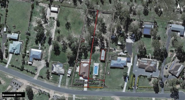 Aerial of 15 Harwood Street, Kensington Grove QLD 4341 with the block outlined