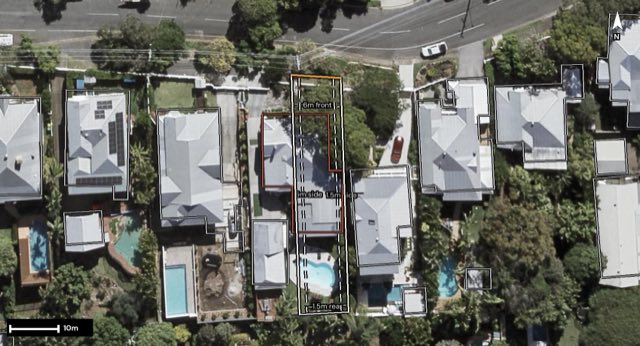 Aerial of 150 Kennedy Terrace, Paddington QLD 4064 with the block outlined