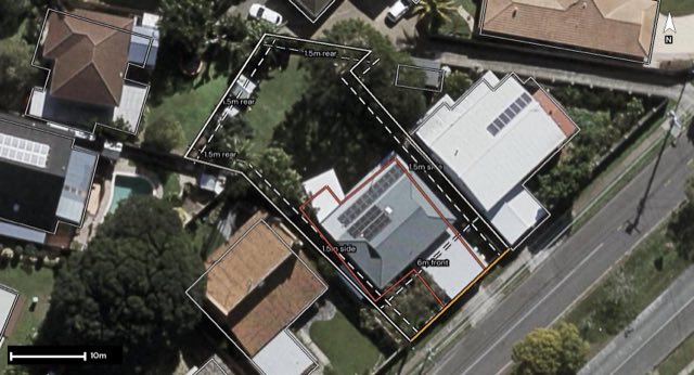 Aerial of 159 Randall Road, Wynnum West QLD 4178 with the block outlined