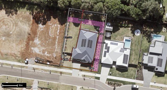 Aerial of 16 Aspect Way, Glass House Mountains QLD 4518 with the block outlined