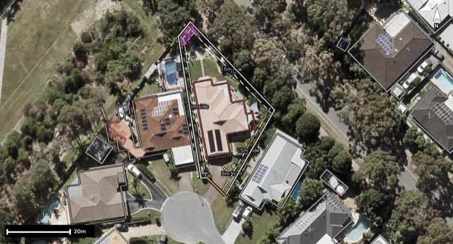 Aerial of 16 Diamantina Court, Murrumba Downs QLD 4503 with the block outlined