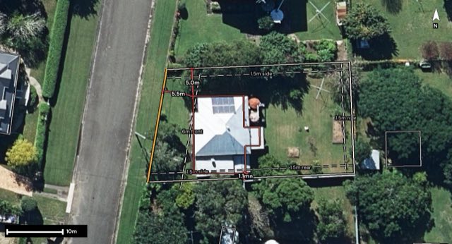 Aerial of 16 Drem Street, Toogoolawah QLD 4313 with the block outlined