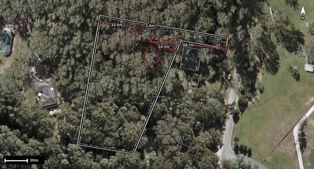 Aerial of 16 Platypus Creek Road, Dulong QLD 4560 with the lot and setbacks drawn on