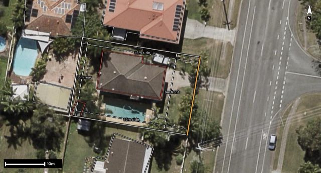 Aerial of 177 Maine Road, Clontarf QLD 4019 with the block outlined