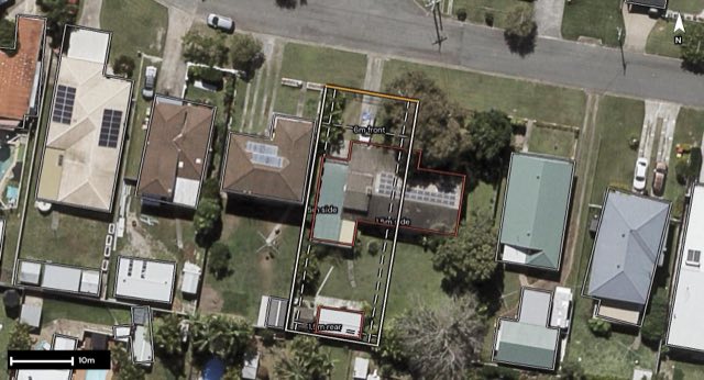 Aerial of 18 Armstrong Street, Clontarf QLD 4019 with the block outlined