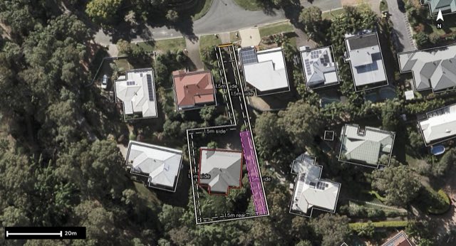 Aerial of 18 Cranwood Court, Ferny Hills QLD 4055 with the block outlined