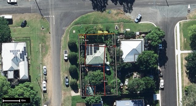 Aerial of 18 Gunyah Street, Toogoolawah QLD 4313 with the block outlined