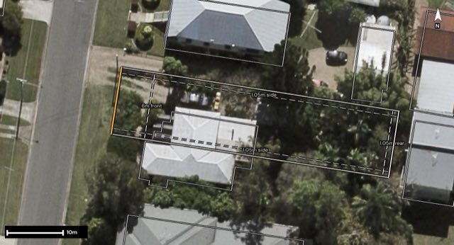 Aerial of 19 Marian Street, Booval QLD 4304 with the block outlined