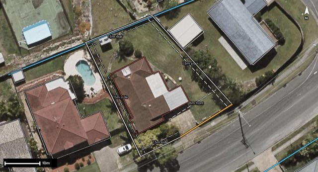 Aerial of 195 Castile Crescent, Edens Landing QLD 4207 with the block outlined