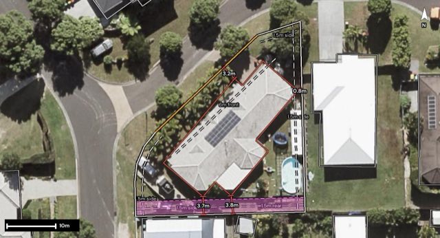 Aerial of 2 Cayenne Court, Glass House Mountains QLD 4518 with the block outlined