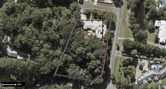 Aerial of 2 Firetail Court, Tanawha QLD 4556 with the block outlined