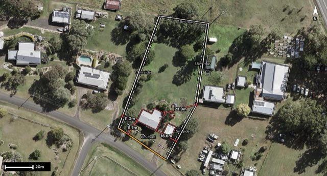 Aerial of 20 Green Valley Road, Minden QLD 4311 with the block outlined