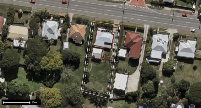 Aerial of 207 Blackstone Road, Silkstone QLD 4304 with the block outlined
