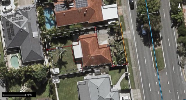 Aerial of 207 Sunshine Boulevard, Mermaid Waters QLD 4218 with the block outlined