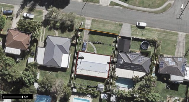 Aerial of 21 Prince of Wales Parade, Alexandra Hills QLD 4161 with the block outlined