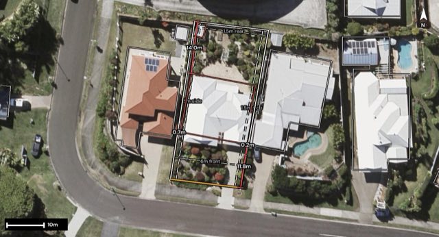 Aerial of 22 Albatross Avenue, Nambour QLD 4560 with the lot and setbacks drawn on