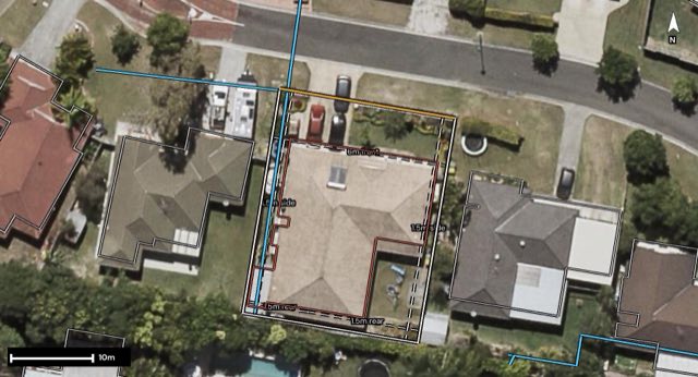 Aerial of 23 Cumberland Crescent, Heritage Park QLD 4118 with the block outlined
