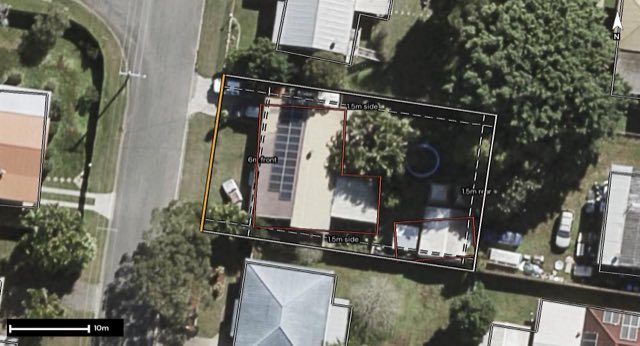 Aerial of 23 Meadow Street, Caboolture QLD 4510 with the block outlined