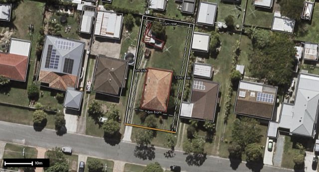 Aerial of 24 Highland Street, Redcliffe QLD 4020 with the block outlined