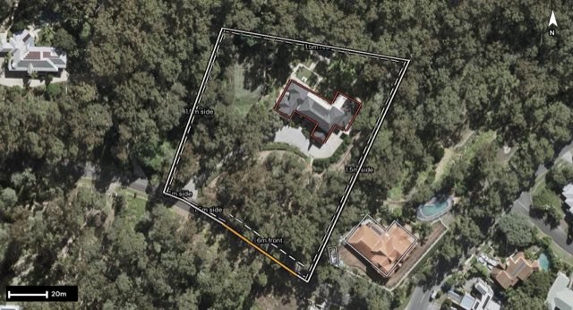 Aerial of 240 Tinarra Crescent, Kenmore Hills QLD 4069 with the block outlined