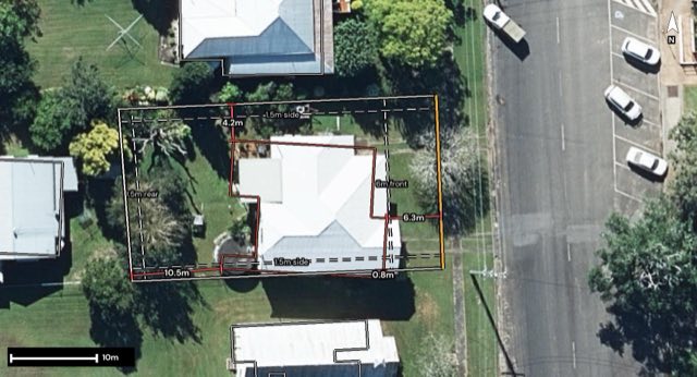 Aerial of 25 Abbotsford Street, Toogoolawah QLD 4313 with the block outlined