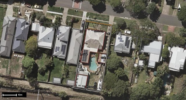 Aerial of 25 Hellen Street, Bald Hills QLD 4036 with the block outlined