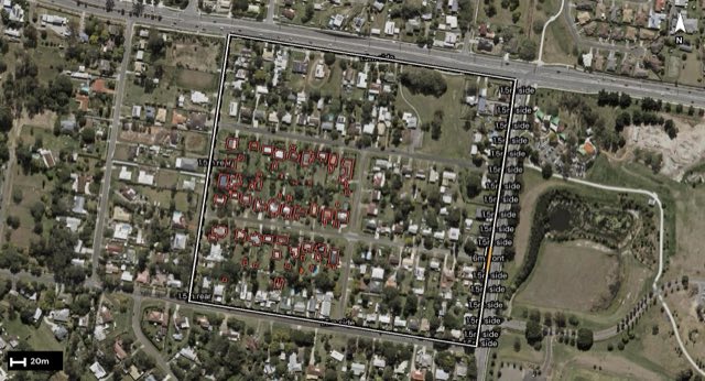 Aerial of 25 Kentucky Street, Redbank Plains QLD 4301 with the block outlined