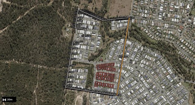 Aerial of 26 Goldfinch Street, Redbank Plains QLD 4301 with the block outlined