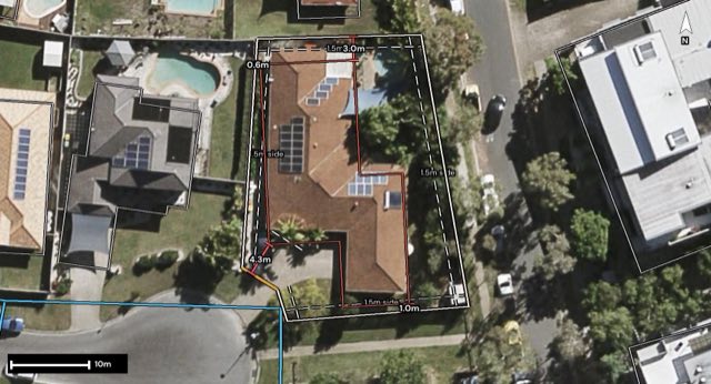 Aerial of 26 Protea Court, Robina QLD 4226 with the lot and setbacks drawn on
